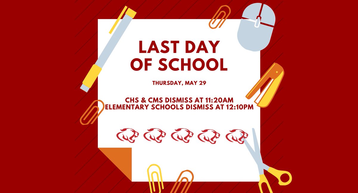 TOMORROW IS THE LAST DAY OF SCHOOL!

Secondary schools dismiss students at 11:20am.
Elementary schools dismiss students at 12:10pm.

HAVE A GREAT SUMMER!

#committedtoexcellence