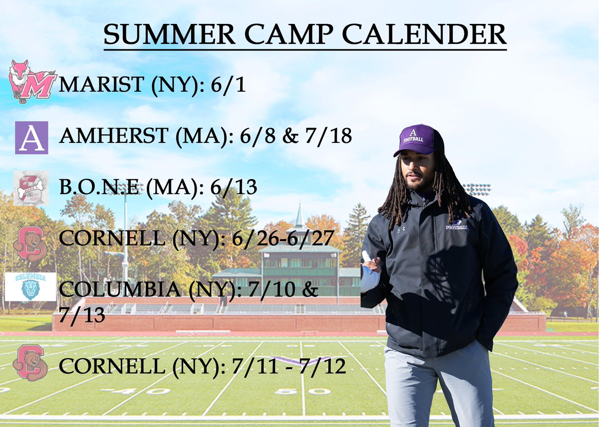 🦣Big Camp Season Approaching🦣 If you haven't signed up already for an Amherst Camp hit this link: amherstfootball.totalcamps.com/About%20Us  Get on OUR field with our staff and earn one! If you will be at any other camps listed reach out and lets connect! CRANK IT!