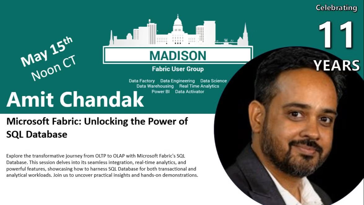 amitchandak78's tweet image. I will be speaking soon about Microsoft Fabric: Unlocking the Power of SQL Database at the Madison Fabric User Group. Please find the details here.

meetup.com/madison-fabric…

#MicrosoftFabric #SQLDB #DataWarehouse