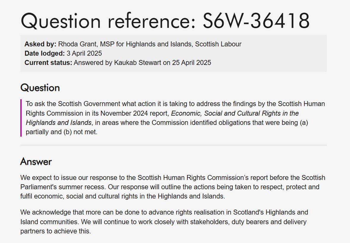 Scottish Human Rights Commission (@scothumanrights) on Twitter photo We welcome @Scotgov commitment ā following written question <a href="/RhodaGrant/">Rhoda Grant</a> responding to our report on Economic, Social & Cultural Rights in the Highlands & Islands.
We look forward to seeing the next steps towards addressing the issues raised.
Read moreā”ļøbit.ly/4mjudZk We welcome @Scotgov commitment ā following written question <a href="/RhodaGrant/">Rhoda Grant</a> responding to our report on Economic, Social & Cultural Rights in the Highlands & Islands.
We look forward to seeing the next steps towards addressing the issues raised.
Read moreā”ļøbit.ly/4mjudZk