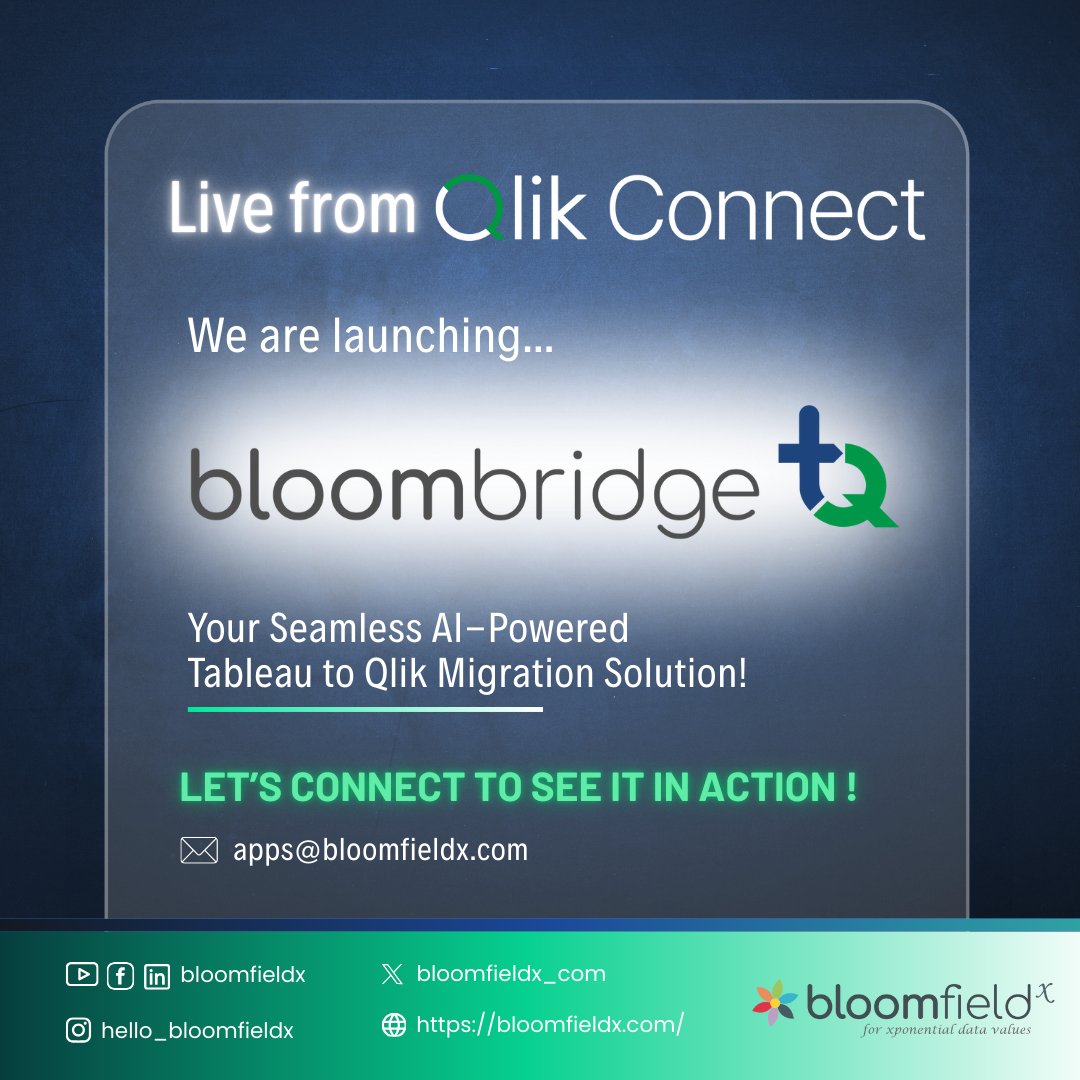 bloomfieldx_com's tweet image. Live from #QlikConnect—Launching BloomBridge-TQ!

Your Seamless AI-Powered Tableau to Qlik Migration Tool is here!

Future-proof your BI strategy and unlock the full power of Qlik—smarter, faster &amp;amp; backed by AI.

Let’s connect at Qlik Connect or reach out to apps@bloomfieldx.com!