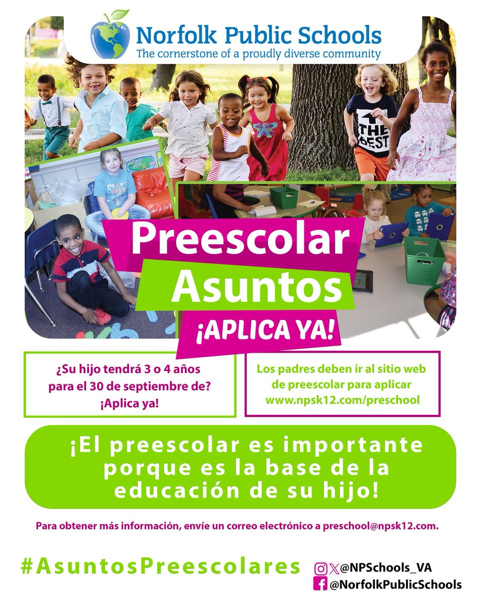 NorfolkPublicSchools (@npschools_va) on Twitter photo We're accepting preschool applications for the 2025-26 SY!
🗓️ For children 3 or 4 by 09/30/25
📧Placement confirmations via ParentVue email by 05/30/25
🔁Applications Accepted Ongoing
Questions?
🌐Visit npsk12.com/Page/9991
📧Email: preschool@npsk12.com
#PreschoolMatters We're accepting preschool applications for the 2025-26 SY!
🗓️ For children 3 or 4 by 09/30/25
📧Placement confirmations via ParentVue email by 05/30/25
🔁Applications Accepted Ongoing
Questions?
🌐Visit npsk12.com/Page/9991
📧Email: preschool@npsk12.com
#PreschoolMatters