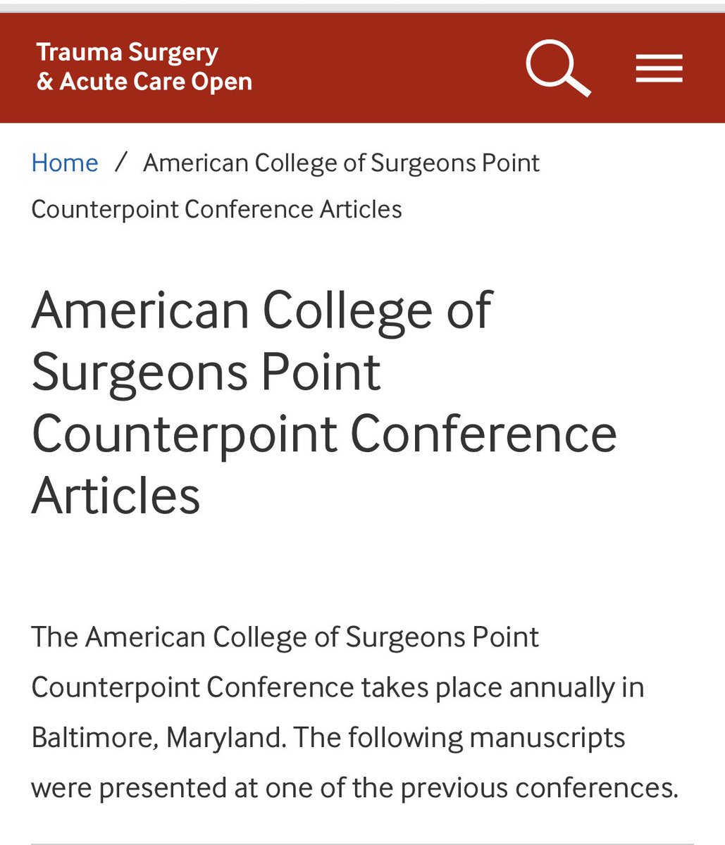 Elliott R Haut, MD, PhD (@elliotthaut) on Twitter photo I’m representing <a href="/TSACO_AAST/">Trauma Surgery & Acute Care Open (TSACO)</a> in-person at the #acspcp2025 <a href="/PCounterpoint/">Point/Counterpoint</a> conference.
Amazing collaboration and partnership.
See meeting papers TSACO has published here:
tsaco.bmj.com/pages/american… I’m representing <a href="/TSACO_AAST/">Trauma Surgery & Acute Care Open (TSACO)</a> in-person at the #acspcp2025 <a href="/PCounterpoint/">Point/Counterpoint</a> conference.
Amazing collaboration and partnership.
See meeting papers TSACO has published here:
tsaco.bmj.com/pages/american…