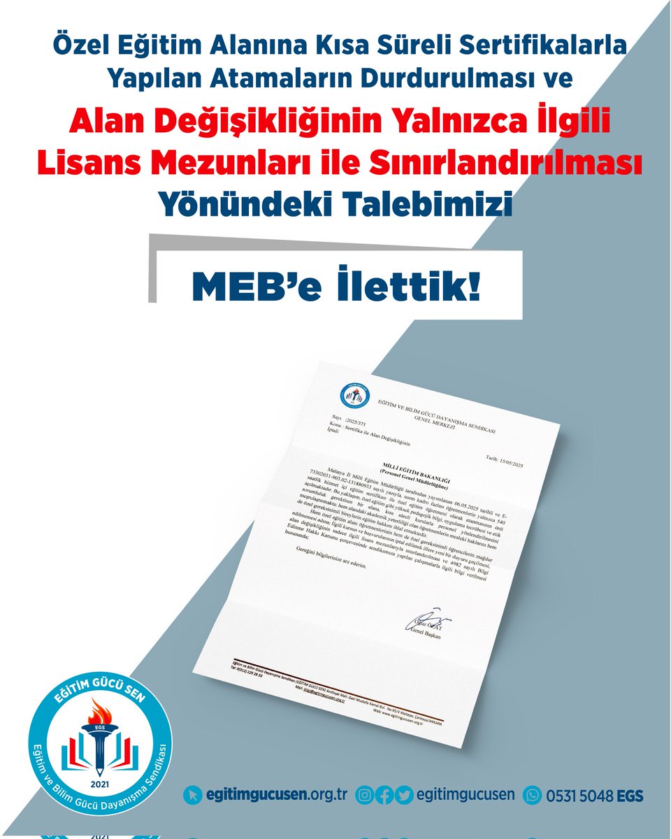 Özel eğitim, uzmanlık ve deneyim gerektiren bir alandır. 540 saatlik kursla bu alana öğretmen yönlendirilmesi, hem eğitimin niteliğini düşürmekte hem de ciddi hak ihlallerine yol açmaktadır.

Bu durum, alan mezunlarının mesleki haklarını ve özel gereksinimli bireylerin eğitim