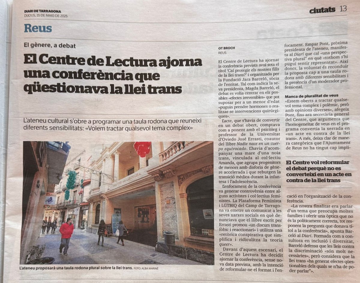 Mentre a València Vox i el PP tornen a fer legals les teràpies de conversió per a persones trans, a Reus el <a href="/centredelectura/">Centre de Lectura</a> s'afegeix a l'onada reaccionària i equipara els qui defensem els drets humans amb aquells que diuen que estem malaltes. <a href="/EmparP/">Empar Pont🎗️</a>