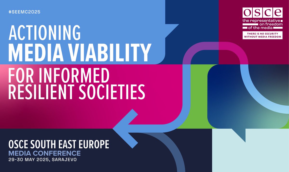 OSCE_RFoM's tweet photo. 🗣️ @OSCE_RFoM South East Europe Media Conference “Actioning Media Viability for Informed, Resilient Societies”
📅 29-30 May
📍Sarajevo 🇧🇦

Join important discussions on #MediaFreedom!

More information👇
https://t.co/liQnmCOLlN https://t.co/SYlOAQQNIP