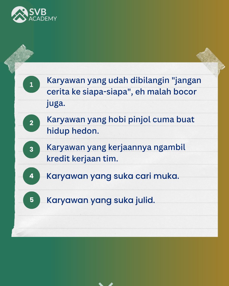 SVBAcademy_'s tweet photo. Tipe-tipe karyawan yang pantas dikirim ke barak militer (HR edition):

HR bukan kerja ringan bro 🙂 https://t.co/2Tkrwn8cnR