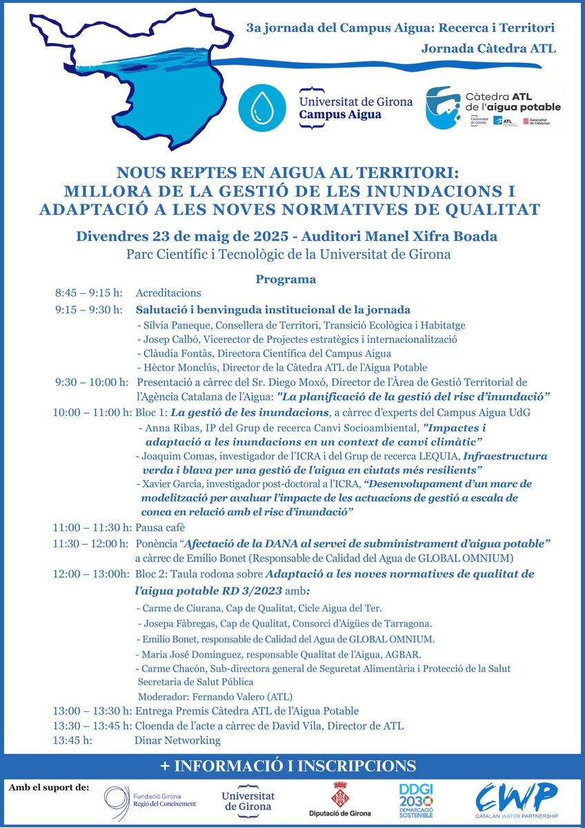 Càtedra ATL de l'aigua potable (@catedraatl) on Twitter photo 📢 Jornada Càtedra ATL
Nous reptes en l’aigua al territori: Millora de la gestió de les inundacions i adaptació a les noves normatives de qualitat.
🗓️23 de maig
⏱️9:30 a 14:30
📍Auditori Manel Xifra Boada <a href="/ParcUdG/">ParcUdG</a>
Inscripcions: forms.office.com/e/yQ1pzzbkGS
<a href="/campusaigua/">Campus Aigua UdG</a> <a href="/LEQUIA_UdG/">LEQUIA-UdG</a> 📢 Jornada Càtedra ATL
Nous reptes en l’aigua al territori: Millora de la gestió de les inundacions i adaptació a les noves normatives de qualitat.
🗓️23 de maig
⏱️9:30 a 14:30
📍Auditori Manel Xifra Boada <a href="/ParcUdG/">ParcUdG</a>
Inscripcions: forms.office.com/e/yQ1pzzbkGS
<a href="/campusaigua/">Campus Aigua UdG</a> <a href="/LEQUIA_UdG/">LEQUIA-UdG</a>