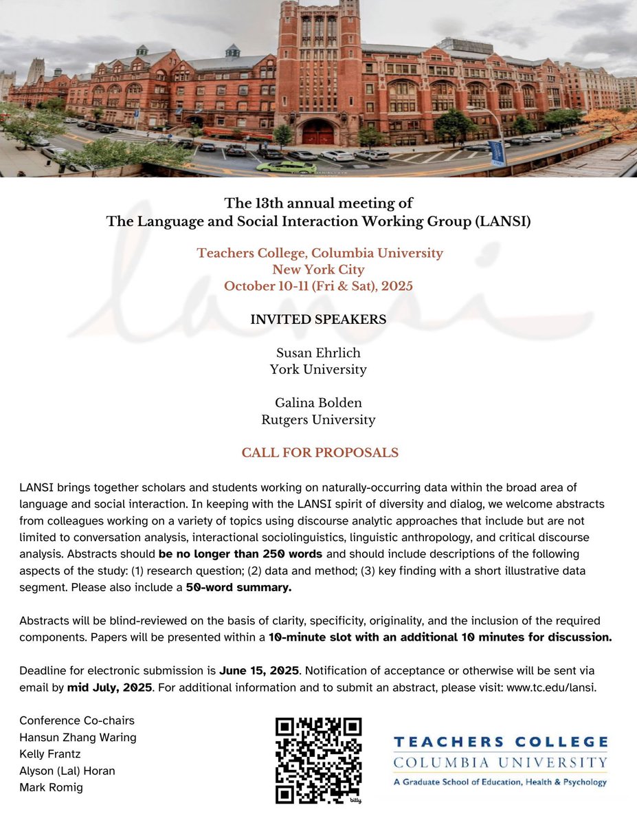 LANSI (@lansi_tc) on Twitter photo We’re all set to read your proposals for #lansi2025 🤗
🍀In just ONE month 🗓️<a href="/AAALGrads/">AAAL Grads</a> <a href="/TeachersCollege/">Teachers College, Columbia University</a> <a href="/linguistlist/">LINGUIST List</a> <a href="/LingSocAm/">Linguistic Society of America</a> <a href="/iiemca2027/">IIEMCA2027</a>
<a href="/ISCAupdates/">International Society for Conversation Analysis</a> We’re all set to read your proposals for #lansi2025 🤗
🍀In just ONE month 🗓️<a href="/AAALGrads/">AAAL Grads</a> <a href="/TeachersCollege/">Teachers College, Columbia University</a> <a href="/linguistlist/">LINGUIST List</a> <a href="/LingSocAm/">Linguistic Society of America</a> <a href="/iiemca2027/">IIEMCA2027</a>
<a href="/ISCAupdates/">International Society for Conversation Analysis</a>
