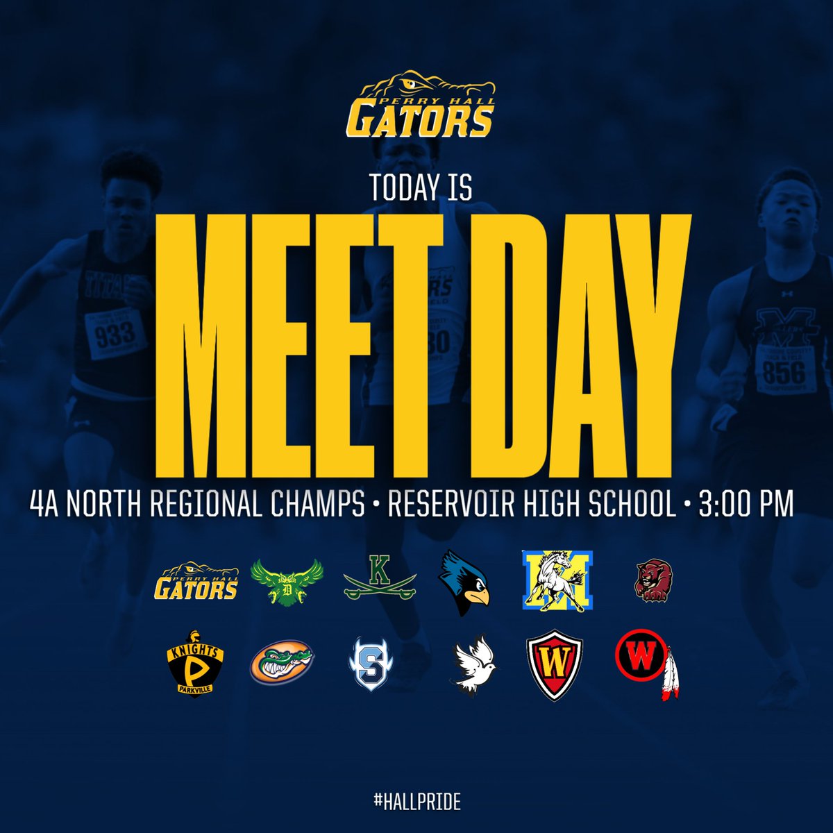 Follow the boys' and girls' track and field teams on the road today at Reservoir for the 4A North Regional Championship Meet!  First events at 3:00 PM! Live results: live.bullseyerunning.com/meets/53101
Tickets: gofan.co/event/3612957?…
#hallpride