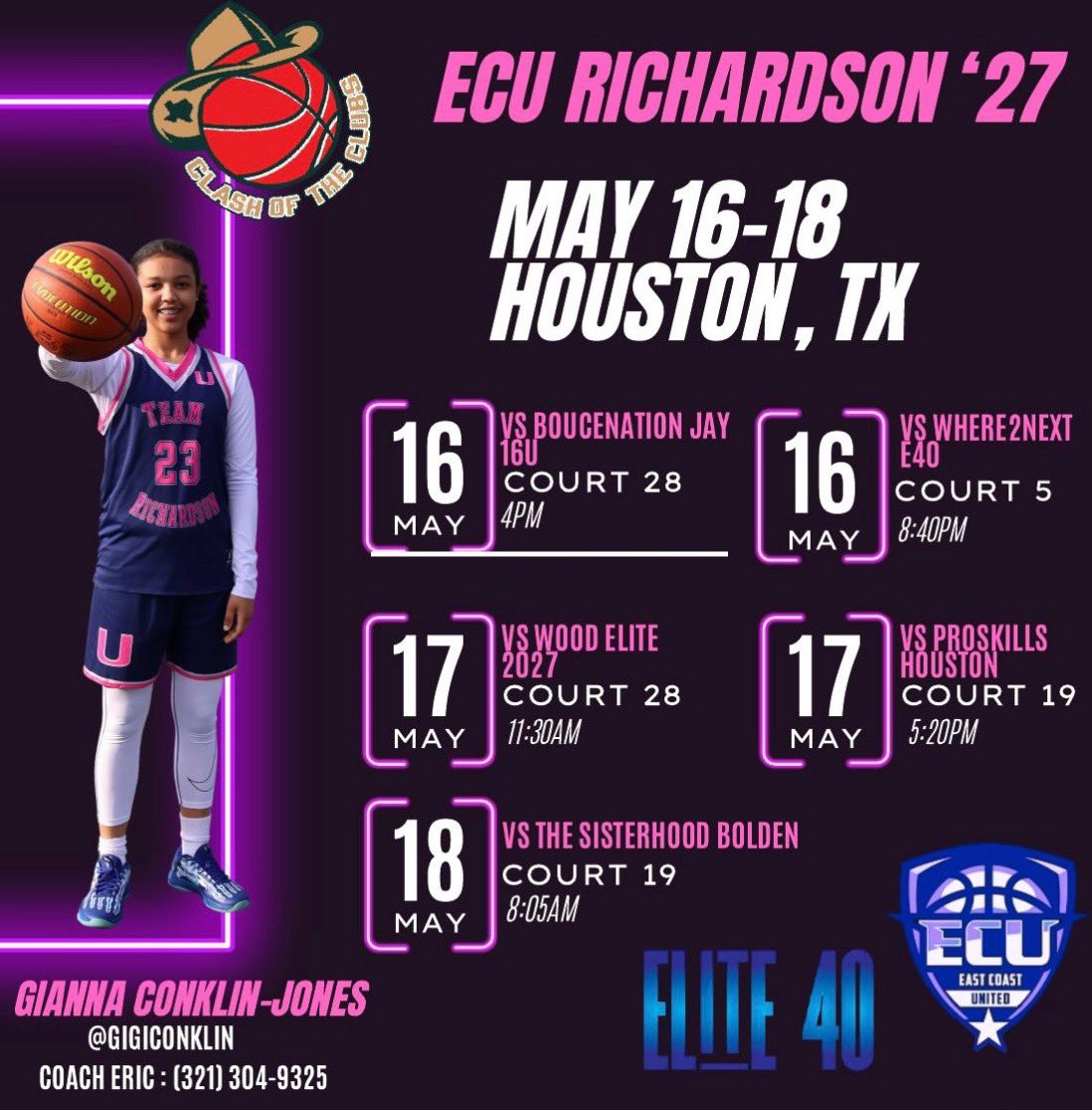 Gianna “Gigi” Conklin-Jones (@gigiconklin) on Twitter photo 🚨SCHEDULE UPDATE🚨
Coaches Come Check My Team Out At Clash Of The Clubs In Houston‼️
<a href="/ECunitedbball/">eastcoastunited</a> <a href="/CoachVictorO/">Victor Ortiz</a> <a href="/I_AM_CoachE/">LEGENDARY ELITE TRAINING</a> <a href="/SUTSReport/">SUTS Report</a> <a href="/PGHFlorida/">Prep Girls Hoops Florida</a> <a href="/Elite40League/">Elite 40 League</a> 🚨SCHEDULE UPDATE🚨
Coaches Come Check My Team Out At Clash Of The Clubs In Houston‼️
<a href="/ECunitedbball/">eastcoastunited</a> <a href="/CoachVictorO/">Victor Ortiz</a> <a href="/I_AM_CoachE/">LEGENDARY ELITE TRAINING</a> <a href="/SUTSReport/">SUTS Report</a> <a href="/PGHFlorida/">Prep Girls Hoops Florida</a> <a href="/Elite40League/">Elite 40 League</a>