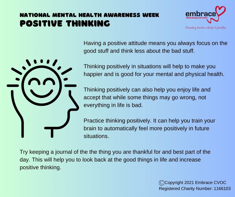 Embrace the power of positive thinking this Mental Health Awareness Week!  

Start by practicing gratitude, surrounding yourself with uplifting people, and focusing on solutions rather than problems. 
Every kind thought is a step toward a brighter future!

#MentalHealthAwareness