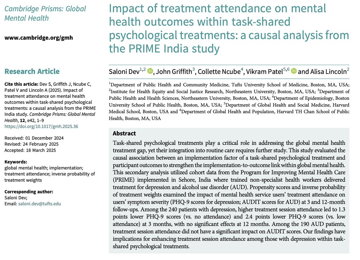 Cambridge Prisms (@cambridgeprisms) on Twitter photo Fascinating study on the impact of treatment attendance on #mentalhealth outcomes within task-shared psychological treatments published in #CPGlobalmentalhealth.
Check out the causal analysis from the PRIME India study here: bit.ly/3Ffv9gs
<a href="/ColletteNcube/">Collette Ncube Foust</a> Fascinating study on the impact of treatment attendance on #mentalhealth outcomes within task-shared psychological treatments published in #CPGlobalmentalhealth.
Check out the causal analysis from the PRIME India study here: bit.ly/3Ffv9gs
<a href="/ColletteNcube/">Collette Ncube Foust</a>