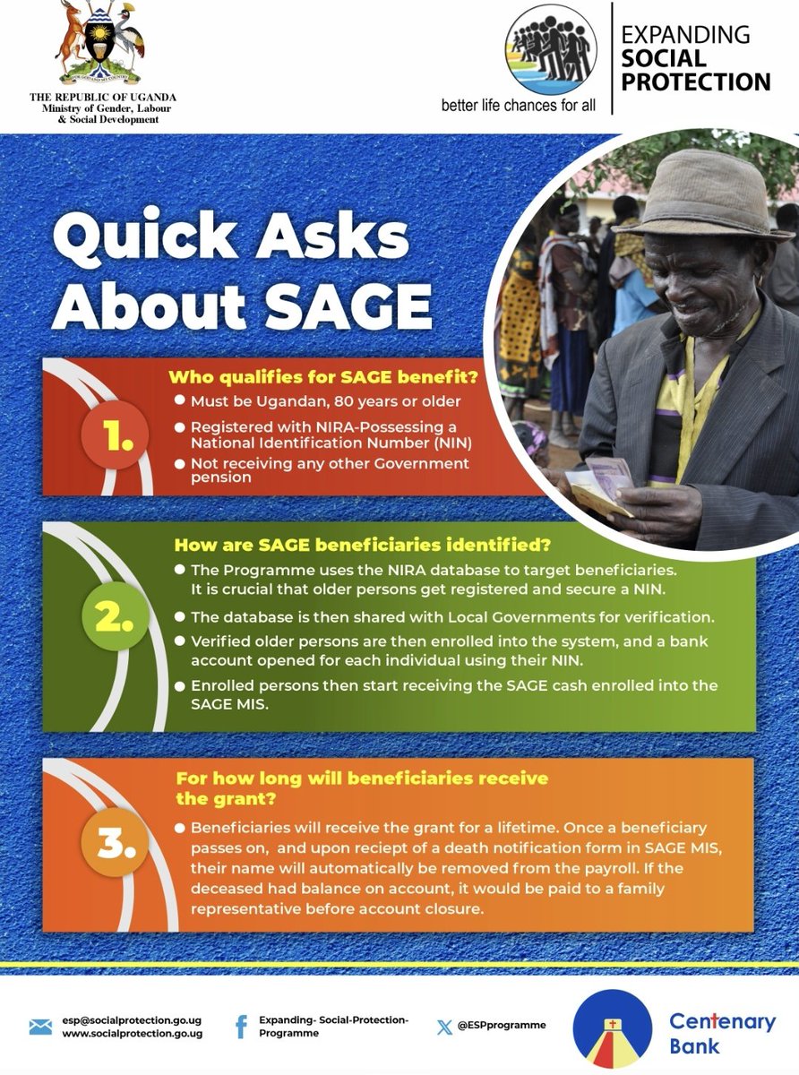 ESP (@espprogramme) on Twitter photo Weekly update: Another cycle of the Senior Citizens Grant field payments begins on Monday 19th May. See flier for details.
#SocialProtectionUg
<a href="/Mglsd_UG/">Ministry of Gender, Labour and Social Development</a>
<a href="/GovUganda/">Government of Uganda</a> <a href="/upfsp/">Social Protection Forum</a> <a href="/pwatchug/">Parliament Watch</a> <a href="/mofpedU/">Ministry of Finance</a> <a href="/MoLGUganda/">Ministry of Local Government</a> <a href="/BettyAmongiMP/">Hon Betty Amongi</a> <a href="/AggreyKibenge/">Aggrey Kibenge</a> <a href="/PBYONANEBYE/">Prosper Byonanebye</a> <a href="/CentenaryBank/">Centenary Bank</a> <a href="/UgandaMediaCent/">Uganda Media Centre</a> Weekly update: Another cycle of the Senior Citizens Grant field payments begins on Monday 19th May. See flier for details.
#SocialProtectionUg
<a href="/Mglsd_UG/">Ministry of Gender, Labour and Social Development</a>
<a href="/GovUganda/">Government of Uganda</a> <a href="/upfsp/">Social Protection Forum</a> <a href="/pwatchug/">Parliament Watch</a> <a href="/mofpedU/">Ministry of Finance</a> <a href="/MoLGUganda/">Ministry of Local Government</a> <a href="/BettyAmongiMP/">Hon Betty Amongi</a> <a href="/AggreyKibenge/">Aggrey Kibenge</a> <a href="/PBYONANEBYE/">Prosper Byonanebye</a> <a href="/CentenaryBank/">Centenary Bank</a> <a href="/UgandaMediaCent/">Uganda Media Centre</a>
