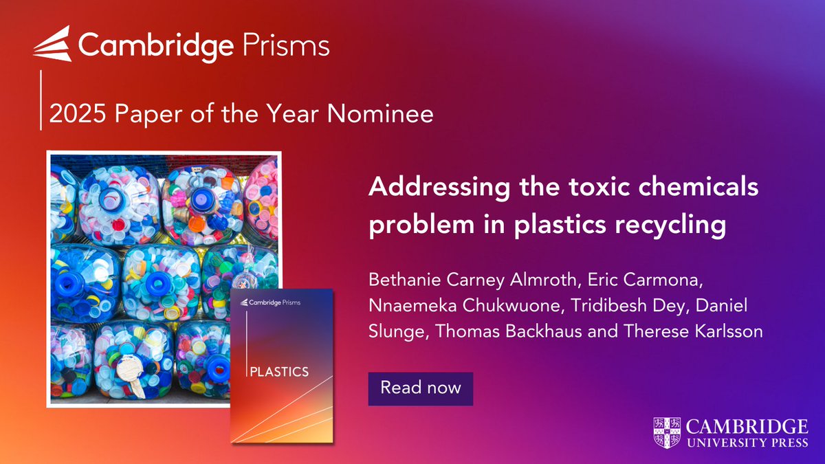 Cambridge Prisms (@cambridgeprisms) on Twitter photo Nominated for 2025 Paper of the Year for #CPPlastics:
Addressing the toxic chemicals problem in plastics recycling
Free to read, share & download here: bit.ly/4479Urf
#plastics #recycling #plasticpollution <a href="/eric_car/">Eric Carmona</a> <a href="/treeonplastics/">Dr. Tridibesh Dey</a> <a href="/DSlunge/">Daniel Slunge</a> <a href="/ThoBaSwe/">Thomas Backhaus</a> <a href="/therese_my/">Therese Karlsson, PhD</a> Nominated for 2025 Paper of the Year for #CPPlastics:
Addressing the toxic chemicals problem in plastics recycling
Free to read, share & download here: bit.ly/4479Urf
#plastics #recycling #plasticpollution <a href="/eric_car/">Eric Carmona</a> <a href="/treeonplastics/">Dr. Tridibesh Dey</a> <a href="/DSlunge/">Daniel Slunge</a> <a href="/ThoBaSwe/">Thomas Backhaus</a> <a href="/therese_my/">Therese Karlsson, PhD</a>