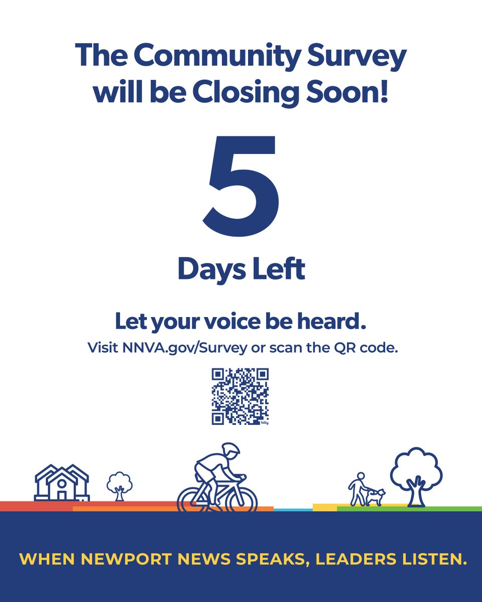 🖐 5 Days Left – Your City, Your Say!
Your input matters — and it only takes 10 minutes!
Take the Survey:
English: loom.ly/Nq2KX-c
En Español: loom.ly/gcn894w

#NewportNewsSpeaks #NewportNews #CommunitySurvey