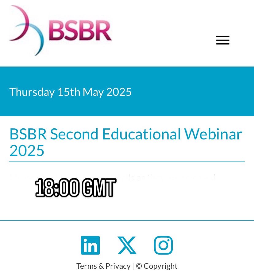 Join us this evening at 18:00 GMT for our second webinar in our series. Tonight is ‘Advanced cross-sectional imaging in breast disease’ - Thomas Jones and Iain Lyburn. 

Register here: delegate-reg.co.uk/bsbrweb25/bsbr…