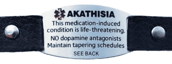 These are our new medical alert bracelets. They have a QR code on the back that's linked to our website. All proceeds will be used to keep the Alliance nonprofit running so we can continue spreading the word about akathisia. You can purchase them here: akathisiaalliance.org/fundraising-sh…