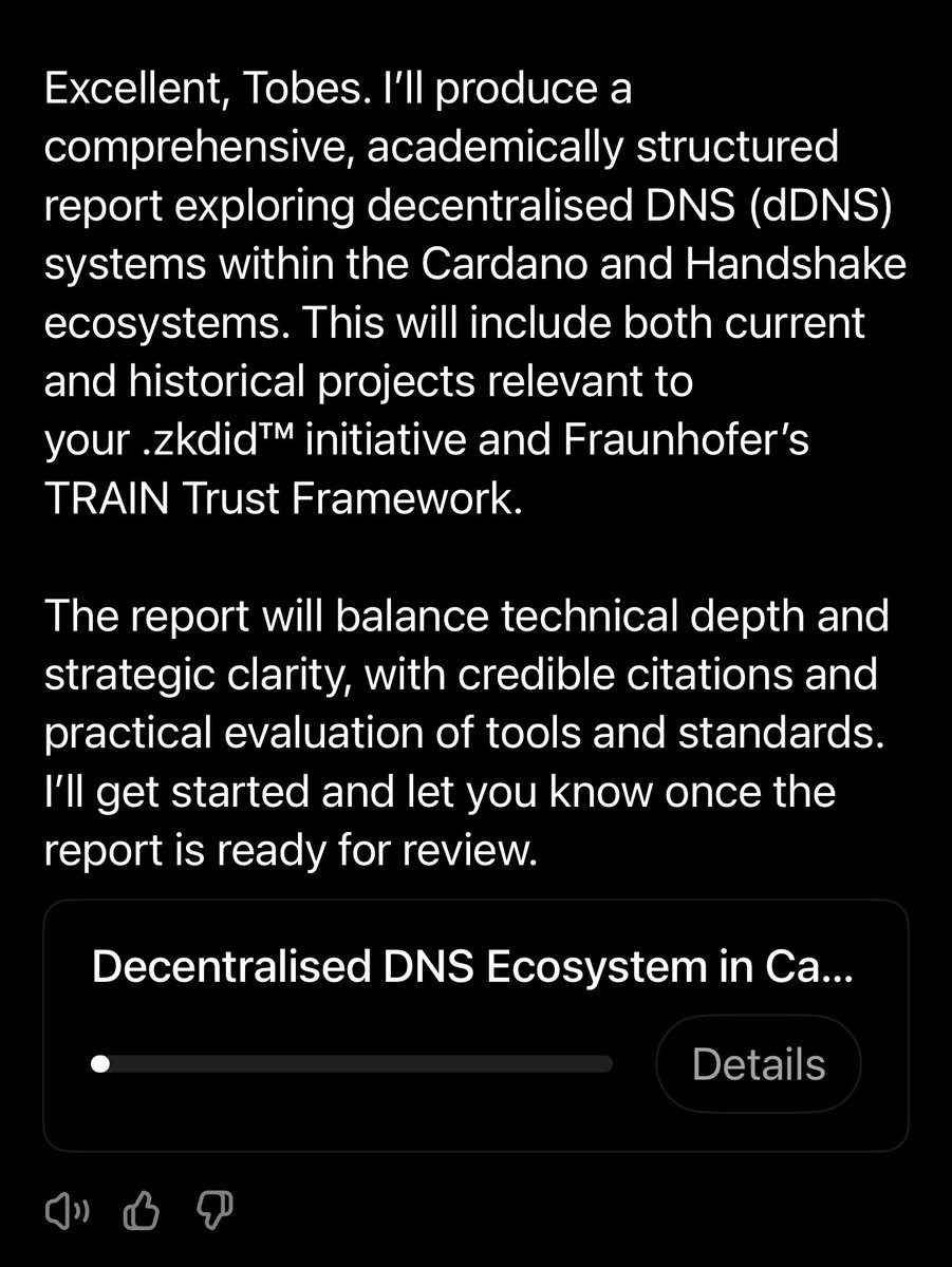 ZKDID_'s tweet image. Let’s see what deep research ChatGPT digs up… I’m building a knowledge base on the current state of decentralised DNS, especially around Cardano and Handshake collaborations. This will feed into my ongoing work on .zkdid™. Hoping it does some solid legwork! #SSI #W3C #DID 🧠