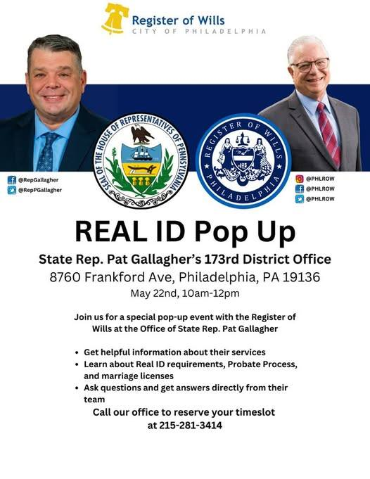 Pat Gallagher (@reppgallagher) on Twitter photo One week from today, my office will be hosting a Real ID Pop-Up Event with the <a href="/phlrow/">John P. Sabatina - Philadelphia Register of Wills</a> to assist you in obtaining certified marriage records needed for Real ID compliance. Appointments are required, so please call my office at 215-281-3414 to reserve your time slot. One week from today, my office will be hosting a Real ID Pop-Up Event with the <a href="/phlrow/">John P. Sabatina - Philadelphia Register of Wills</a> to assist you in obtaining certified marriage records needed for Real ID compliance. Appointments are required, so please call my office at 215-281-3414 to reserve your time slot.