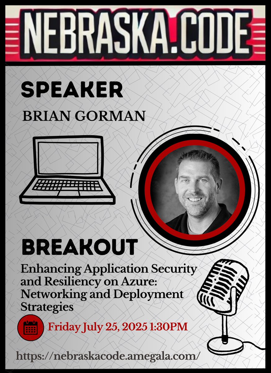 Nebraska.Code() Conference (@conferencene) on Twitter photo <a href="/blgorman/">Brian Gorman</a> presents on 'Enhancing Application Security and Resiliency on Azure: Networking and Deployment Strategies' July 25th at Nebraska.Code().
nebraskacode.amegala.com
#AppSecurity #Azure #Deployment #WebApps #Nebraska #TechConference <a href="/OmahaAzure/">Omaha Azure User Group</a> <a href="/LTULNK/">Lincoln Transportation and Utilities (LTU)</a> <a href="/BAESystemsInc/">BAE Systems, Inc.</a> #Tech <a href="/blgorman/">Brian Gorman</a> presents on 'Enhancing Application Security and Resiliency on Azure: Networking and Deployment Strategies' July 25th at Nebraska.Code().
nebraskacode.amegala.com
#AppSecurity #Azure #Deployment #WebApps #Nebraska #TechConference <a href="/OmahaAzure/">Omaha Azure User Group</a> <a href="/LTULNK/">Lincoln Transportation and Utilities (LTU)</a> <a href="/BAESystemsInc/">BAE Systems, Inc.</a> #Tech