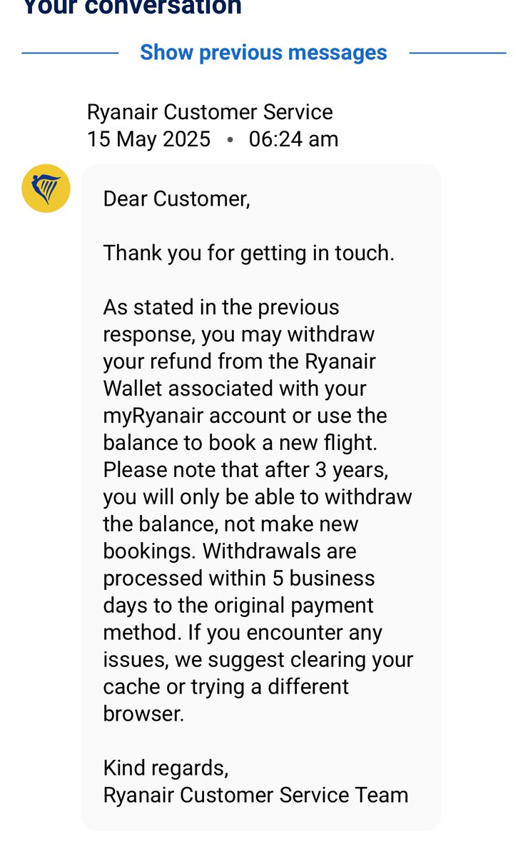I am not kidding when I say I’ve created 30 tickets with <a href="/Ryanair/">Ryanair</a> because I can’t withdraw my money, yet again I get a response telling me to do the thing I’ve told them doesn’t work. Nearly 6 weeks and I’m no further forward. Why will they not refund me MY money?? #ryanair