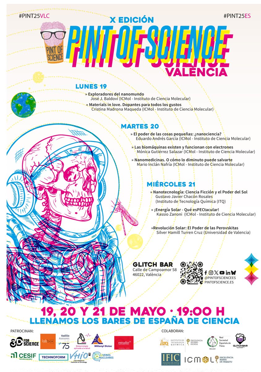 🔬 ¡El ICMol se suma al brindis por la ciencia!
Del 19 al 21 de mayo participamos en <a href="/pintofscienceES/">Pint of Science ES</a>   en el Glitch Bar (València), con charlas sobre nanomateriales, energía solar, nanomedicina, biomáquinas ¡y mucho más! 

🎤 Charlas del ICMol:
– <a href="/jjbaldovi/">José J. Baldoví</a> : Exploradores del