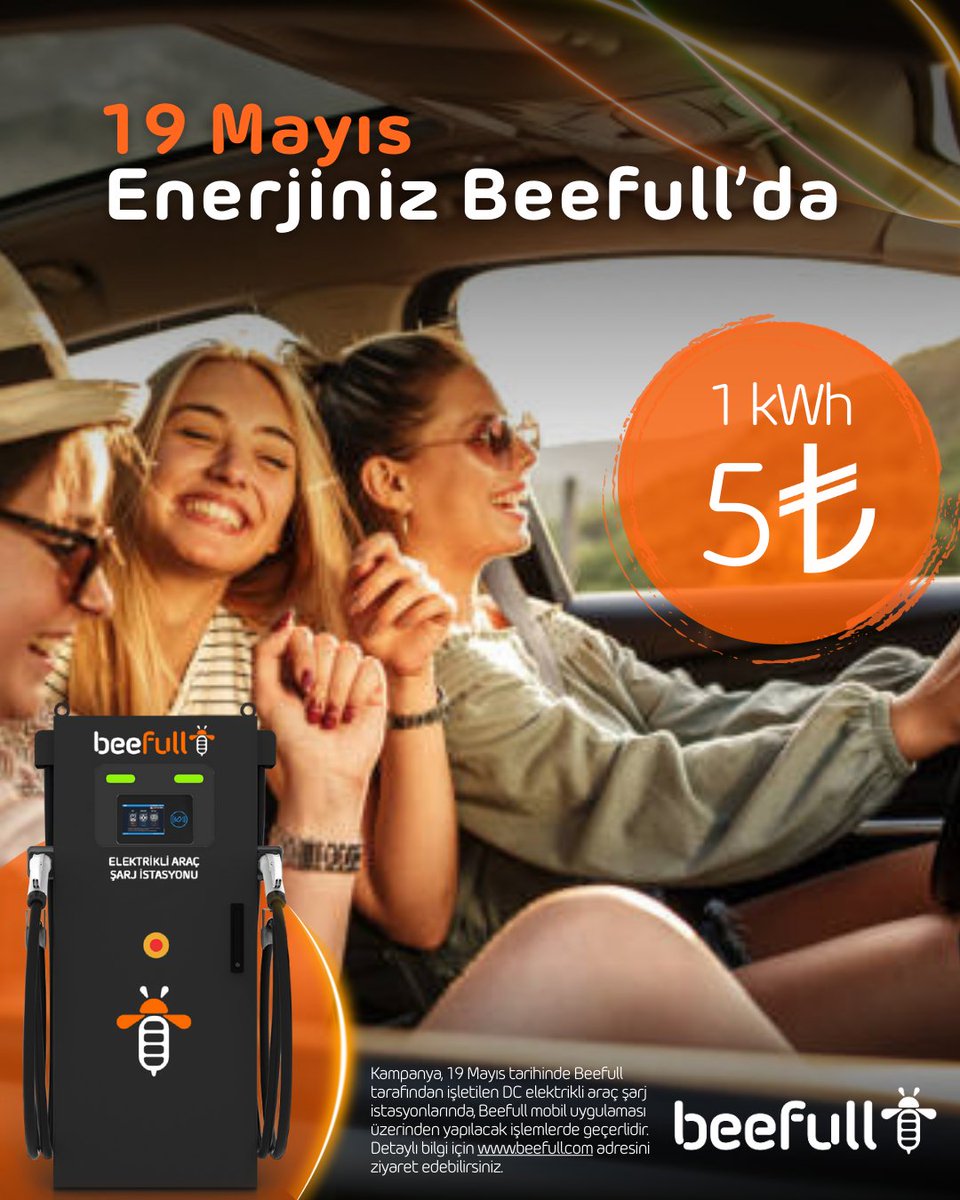 ⚡19 Mayıs’a özel enerji dolu bir kampanya!

🔌Beefull DC istasyonlarında 1 kWh sadece 5 TL!

#Beefull #Elektrikliaraç #19mayıs