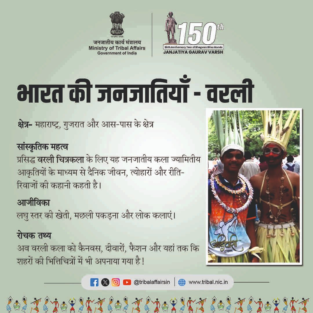 TribalAffairsIn's tweet photo. भारत की जनजातियाँ | वरली
 वरली — कला के जरिए कहानी कहने की परंपरा!
 ज्यामितीय आकृतियाँ जो जनजातीय जीवन और प्रकृति की झलक देती हैं। 🌀🌾
#WarliTribe #JanJatiyaGauravVarsh #Birsa150 #TribesOfIndia #WarliArt #TribalArt #FolkHeritage #AdivasiHeritage https://t.co/LWNTmr7tSD