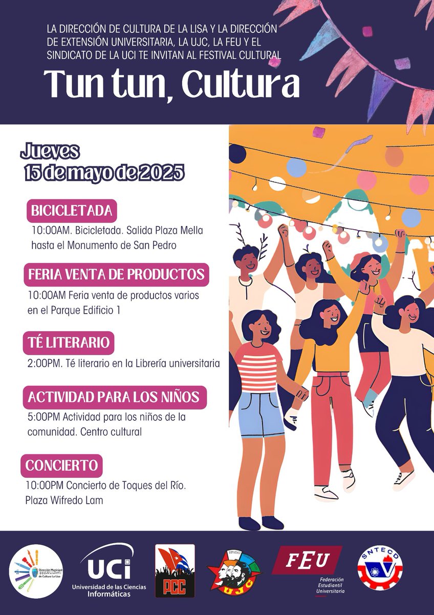 🥳 ¡Súmate #Hoy a las actividades del Festival Cultural "Tun tun, Cultura"¡, organizado por la Dirección de Cultura Municipal de #LaLisa, la <a href="/uci_ujc/">UJC_UCI</a>, la <a href="/feu_uci/">FEU_UCI</a>, el <a href="/sntecd_UCI/">SNTECD_UCI</a> y la Dirección de Extensión Universitaria. 
🚴‍♀️🛍️📖🎶

¡Te esperamos! 👍

#CubaEsCultura #SomosUCI