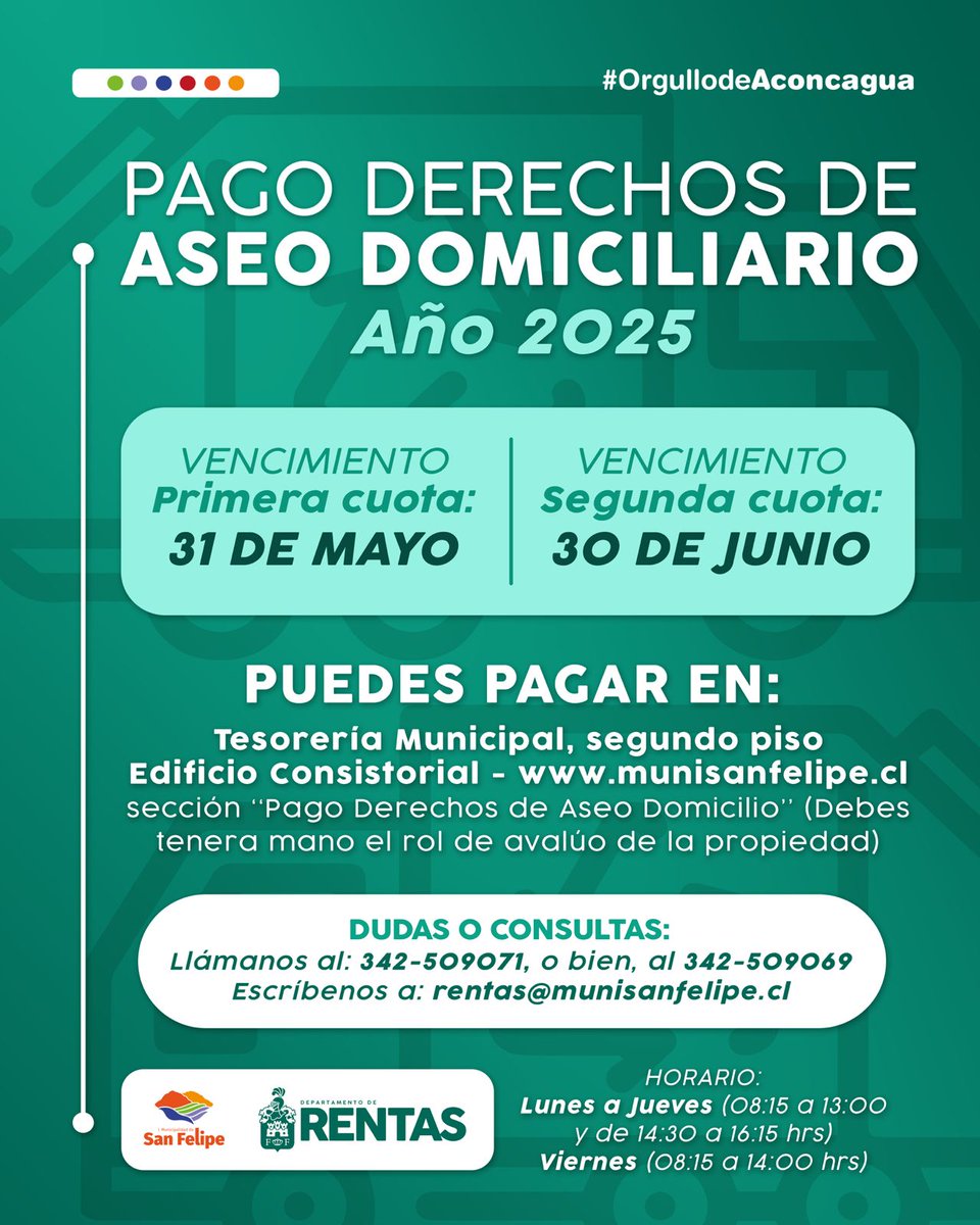 💵 🫰🏼 Ya se puede pagar las primeras cuotas de los Derechos de Aseo Domiciliario ¿Dónde? En la Tesorería Municipal, 2do piso del edificio consistorial, y a través de la página web del municipio munisanfelipe.cl 💻¡Recuerda tener a mano el rol de avalúo de la propiedad! 🏠