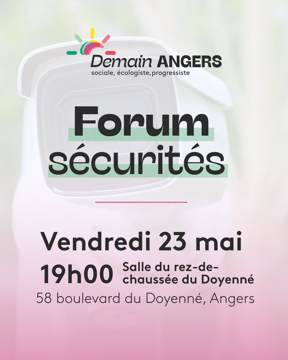 𝗣𝗮𝗿𝗹𝗼𝗻𝘀 𝗱𝗲𝘀 𝘀𝗲́𝗰𝘂𝗿𝗶𝘁𝗲́𝘀 𝗮̀ #𝗔𝗻𝗴𝗲𝗿𝘀, sociale, environnementale, numérique…

🗓️ Ven 23 mai — 19h-21h
📍 Salle du Doyenné

Forum participatif avec #DemainAngers 

Ouvert à tou·tes !

👉 Inscription : bit.ly/ForumSecurites…
#politique #municipales2026