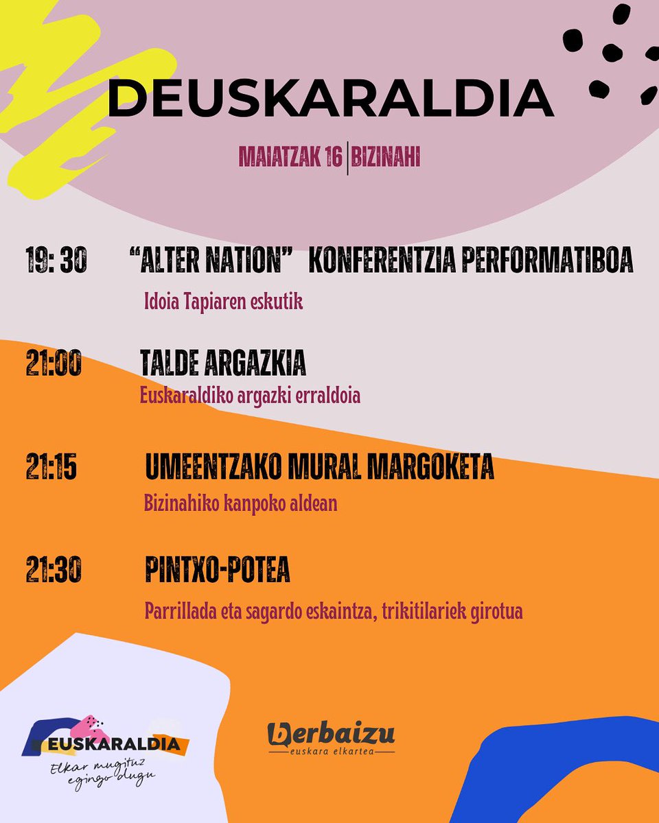 👀Kaixo Kaixo BERBAIZUKIDE! 👀

Dakizuen bezala gaur EUSKARALDIA hasi da eta hori ospatzeko jaialdi bat antolatu dugu Bizinahi espazioan bihar , maiatzak 16. 

🎉Arratsalde pasa polit honetara gonbidatzen zaituztegu!🎉

Etor zaitez gurekin EUSKARALDIAz gozatzera!😎
