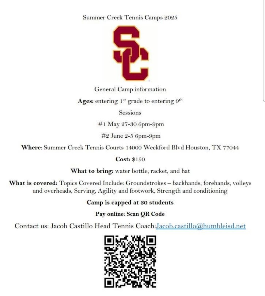 Tennis Camp is almost here!
<a href="/HumbleISD/">Humble ISD</a> 
<a href="/HumbleISD_Ath/">Humble ISD Athletics</a> 
<a href="/HumbleISD_SCHS/">Summer Creek High</a>