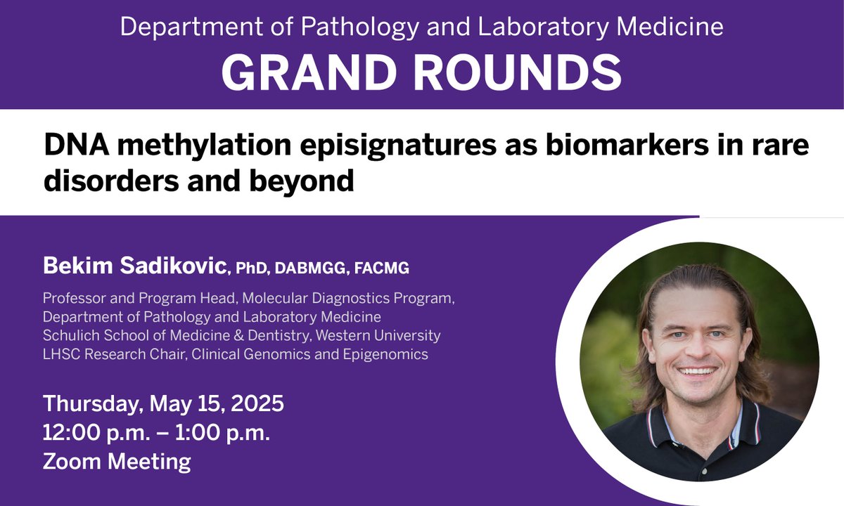 Join us on TODAY, from 12:00 - 1:00 p.m., for a Zoom Meeting, as Dr. Bekim Sadikovic, discusses “DNA methylation episignatures as biomarkers in rare disorders and beyond.” schulich.uwo.ca/pathol/events/…