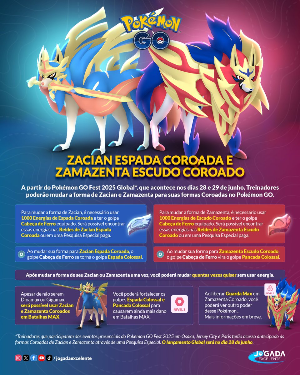 jogadaexcelente's tweet image. ZACIAN ESAPADA COROADA E ZAMAZENTA ESCUDO COROADO ESTÃO CHEGANDO NO POKÉMON GO! ⚔️🛡

A partir do Pokémon GO Fest Global será possível usar a mudança de forma em Zacian e Zamazenta para obter suas versões coroadas. 👑