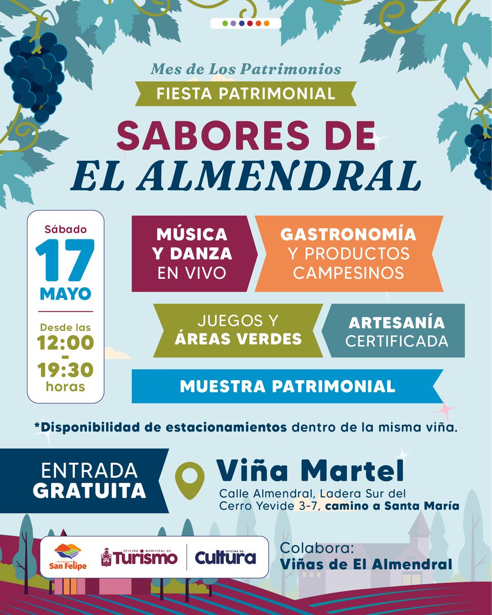 #Panorama en San Felipe "Sabores de El Almendral", este sábado 17 de mayo desde las 12:00 horas. Música y danza en vivo, gastronomía y productos campesinos, juegos y áreas verdes y muestra patrimonial 😍🌟