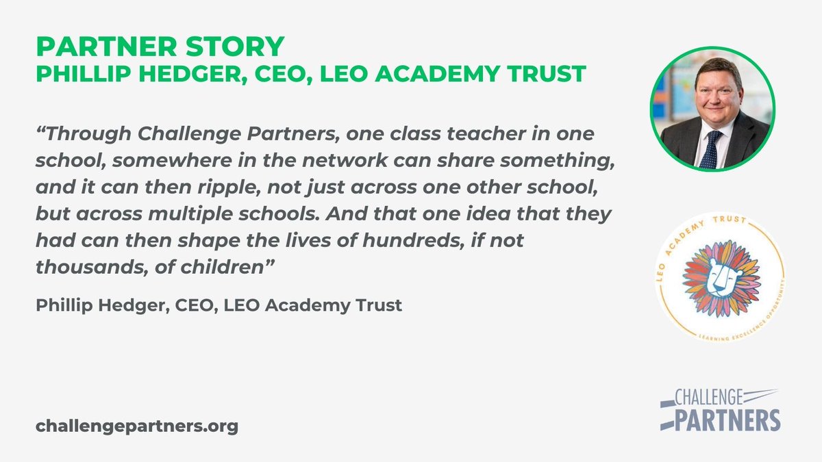 Challenge Partners (@challengepartnr) on Twitter photo ⏰Tomorrow is the Early Bird price deadline for 25/26 sign up/renewal!⏰
This partner story is brought to you by the brilliant <a href="/PhillipHedger/">Phillip Hedger</a>, CEO, <a href="/LEOacademies/">LEO Academy Trust</a>.
challengepartners.org/news/partner-s…
This story captures the trust's improvement journey over time through utilising Challenge ⏰Tomorrow is the Early Bird price deadline for 25/26 sign up/renewal!⏰
This partner story is brought to you by the brilliant <a href="/PhillipHedger/">Phillip Hedger</a>, CEO, <a href="/LEOacademies/">LEO Academy Trust</a>.
challengepartners.org/news/partner-s…
This story captures the trust's improvement journey over time through utilising Challenge