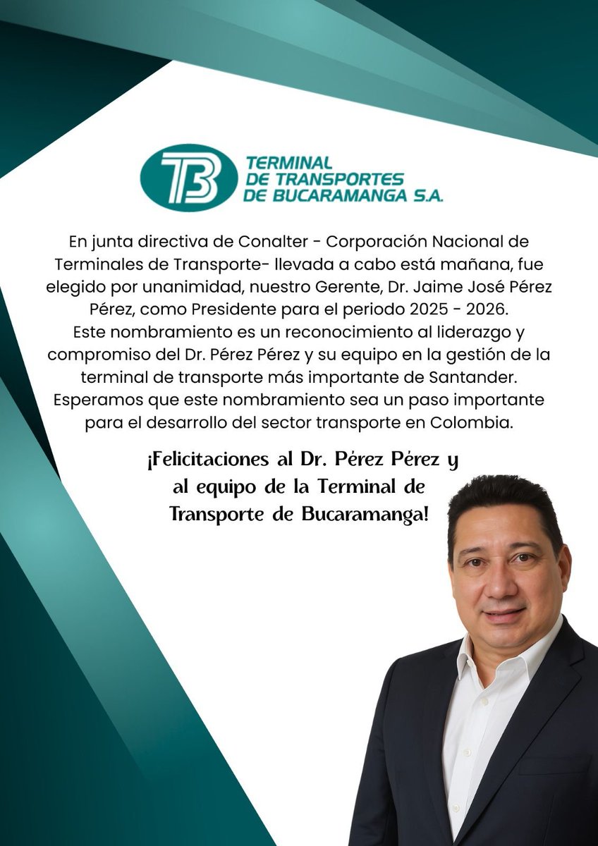 En Junta Directiva de Conalter, se eligió por unanimidad nuestro Gerente el Dr. Jaime José Pérez Pérez, como presidente para el período 2025-2026; esperamos este nombramiento sea un paso importante para el desarrollo del sector transporte en Colombia.
 .
<a href="/Terminaldt/">Terminalbucaramanga</a> <a href="/conalter/">Conalter</a>