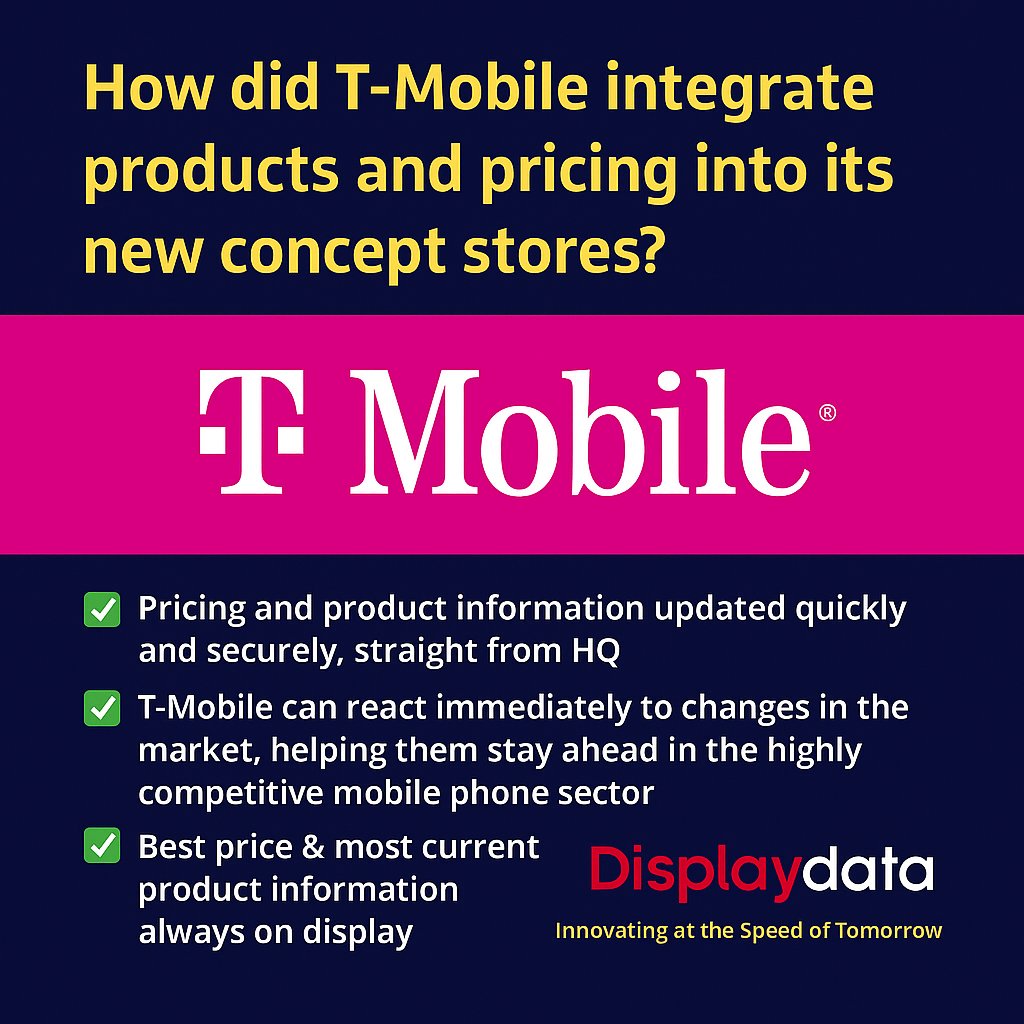 📱 T-Mobile needed to integrate products &amp; pricing into its new concept stores - and became the 1st mobile operator in Austria to use digital price labels courtesy of a Displaydata solution.
Full case study 👉 ow.ly/ZenK50VRVmS
#RetailTech #SmartRetail #DigitalPricing