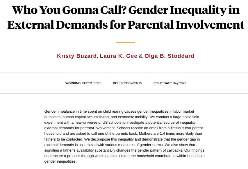 NBER (@nberpubs) on Twitter photo Examining external demands for parental involvement in educational settings finds that mothers are 1.4 times more likely than fathers to be contacted by schools, from <a href="/kbuzard7/">kristy buzard</a>, <a href="/LauraKGee/">Laura K Gee</a>, and @olgastoddard nber.org/papers/w33775 Examining external demands for parental involvement in educational settings finds that mothers are 1.4 times more likely than fathers to be contacted by schools, from <a href="/kbuzard7/">kristy buzard</a>, <a href="/LauraKGee/">Laura K Gee</a>, and @olgastoddard nber.org/papers/w33775
