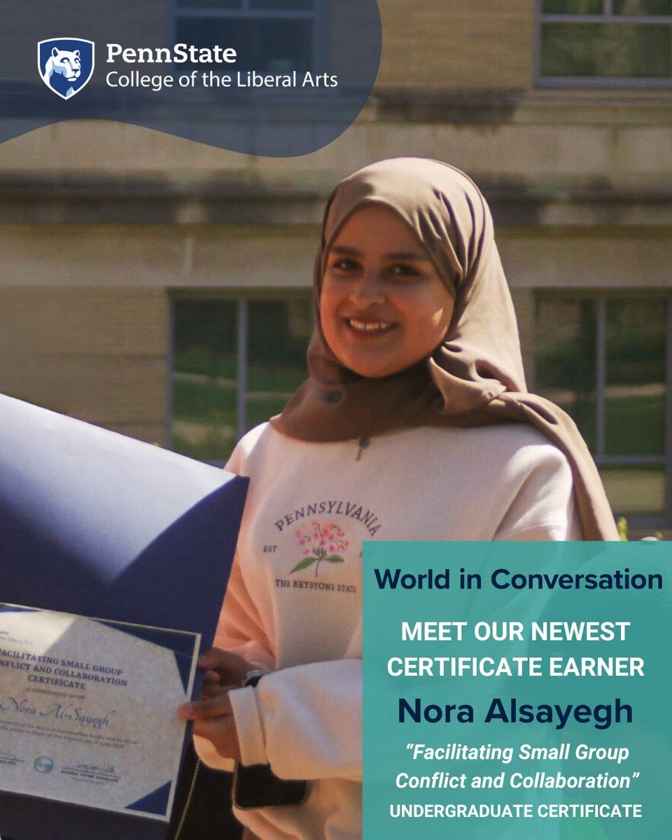 Meet Nora Alsayegh—graduating with a degree in Sociology, and a #WinC certificate in Facilitating Small Group Conflict and Collaboration.
~150 hours of facilitation practicum = a standout skill set for leading effective collaboration across divides. #PennState