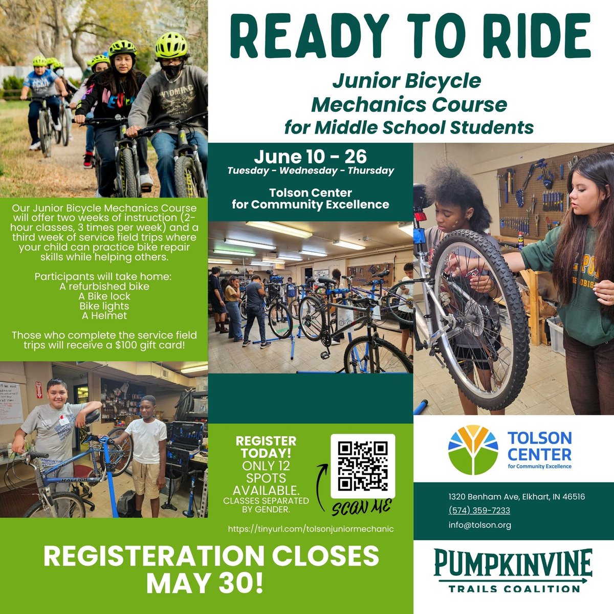 TolsonCentro's tweet photo. Are You Ready To Ride? This unique camp is designed for middle school students! The camp is FREE and the campers earn a bike, helmet, lock, and lights upon completion! Register NOW! 
https://t.co/P9Uco2iNzP https://t.co/SlgVcq0se6