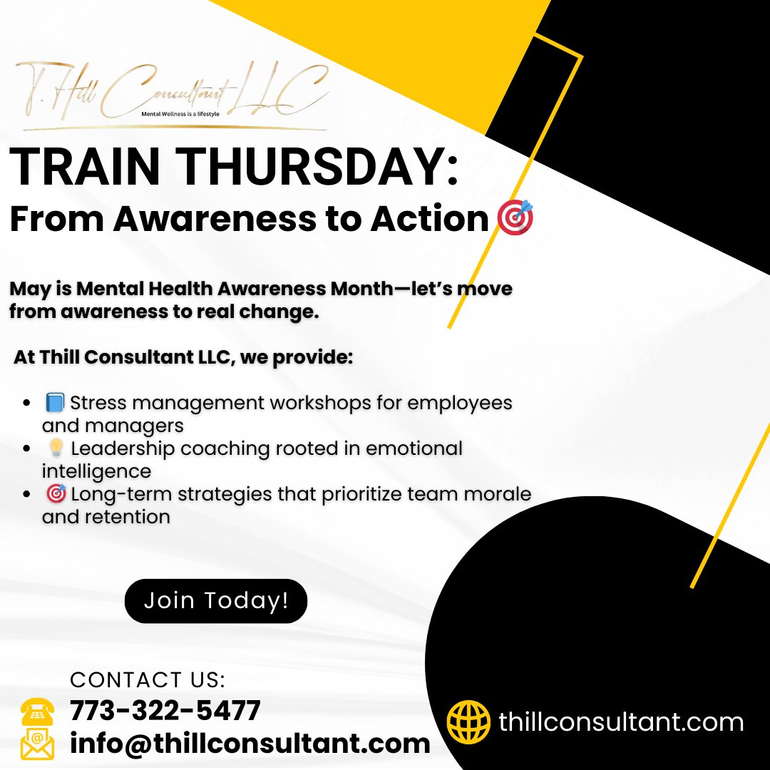 Tamika Hill (@thillconsultant) on Twitter photo Letβs build workplaces that thrive.
π 773-322-5477 | βοΈ info@thillconsultant.com
π thillconsultant.com
#TrainThursday #MentalHealthAtWork #ThillConsultant #LeadershipTraining Letβs build workplaces that thrive.
π 773-322-5477 | βοΈ info@thillconsultant.com
π thillconsultant.com
#TrainThursday #MentalHealthAtWork #ThillConsultant #LeadershipTraining