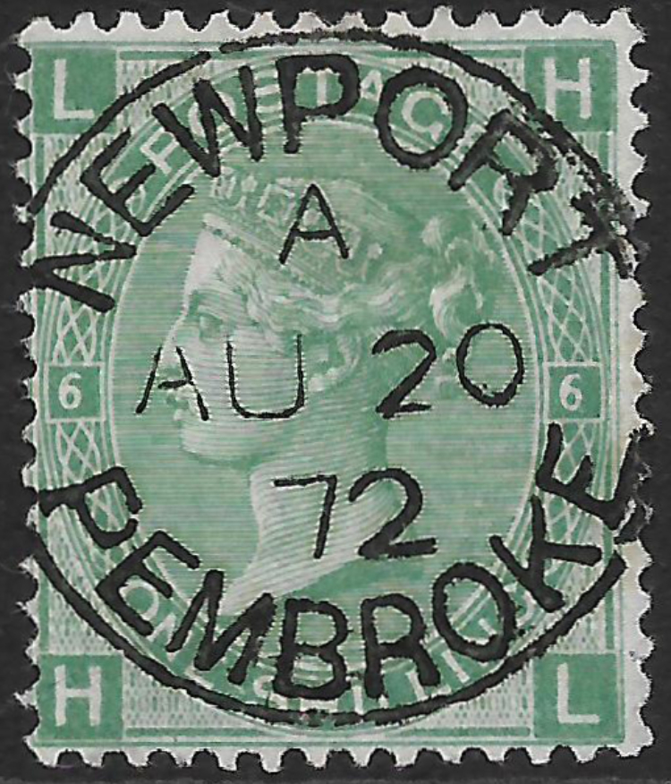 🇬🇧 From my Collection: Great Britain, Queen Victoria, Issue 1867 -  Watermarked spray of rose, 1sh. Green, Plate 6 - Used with CDS - "NEWPORT -  PEMBROKE", August 20, 1872.   8,400,000 stamps were issued between 20th March 1872  - 15th October 1872.  Scott No.54 - SG117. 🇲🇽 👍