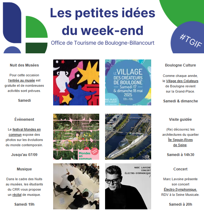TGIF 🎭

Quoi de prévue ce week end ? 🤔

Découvrez les petites activités à faire à #BoulogneBillancourt : tinyurl.com/bdz6mwhr

<a href="/Ville_BoulogneB/">Ville de Boulogne-Billancourt</a> <a href="/BoulogneCulture/">Boulogne-Billancourt Culture</a> <a href="/LaSeineMusicale/">La Seine Musicale</a> <a href="/museealbertkahn/">Musée départemental Albert-Kahn</a> <a href="/NuitdesMusees/">NuitdesMusées</a>