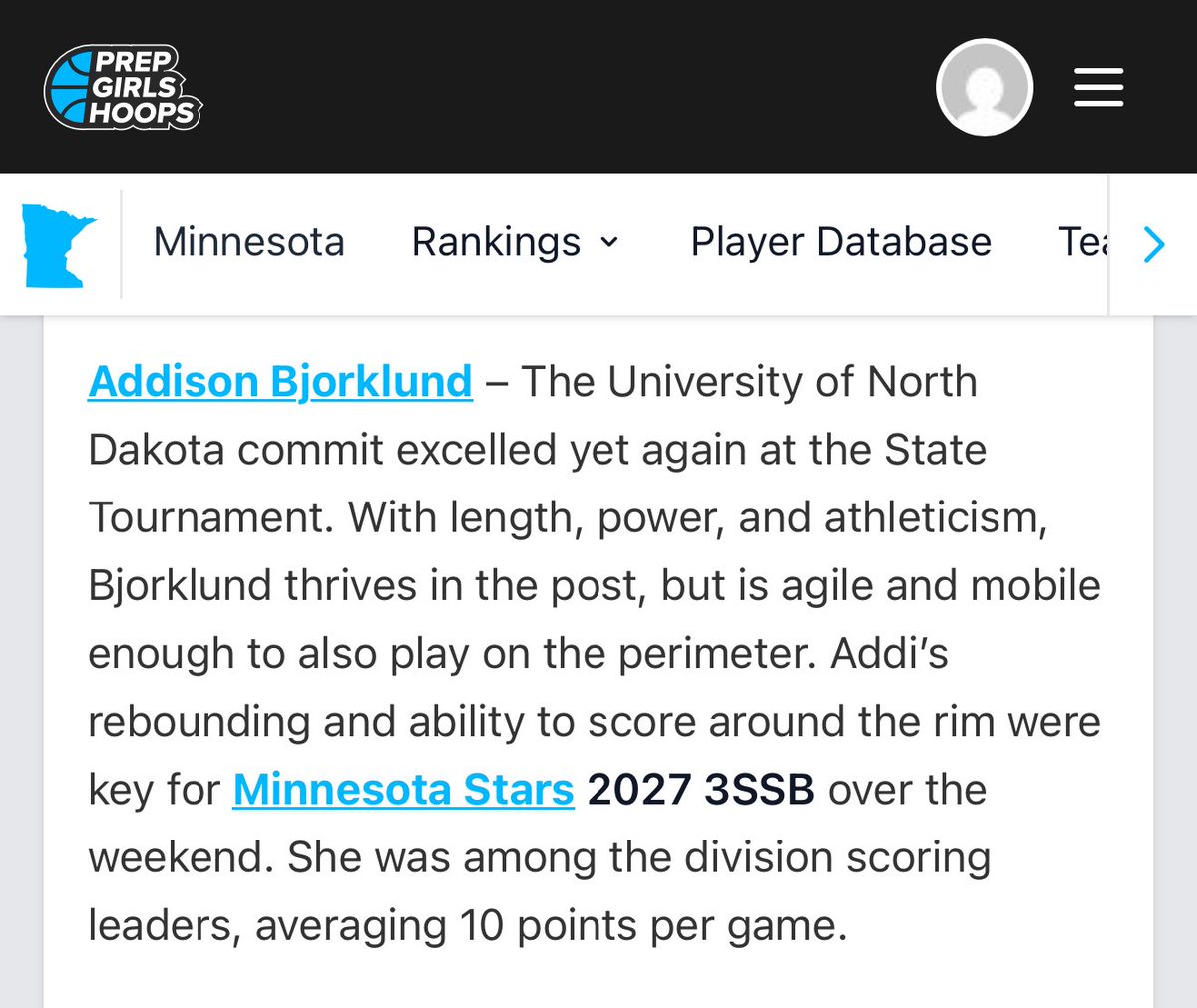 Addison Bjorklund (@addybjorklund27) on Twitter photo Thank you to <a href="/GMacHoops/">Grant McGinnis</a> & <a href="/PGHMinnesota/">Prep Girls Hoops Minnesota</a> for the all-state tournament second team nomination. Honored to be on this list with such amazing players. #StarsFam <a href="/MinnesotaStars/">Minnesota Stars AAU</a> <a href="/MNStars2027/">Minnesota Stars 2027 3SSB</a> <a href="/SaloShowcase/">Salo’s Showcase</a> <a href="/mikemillsnc/">Mike Mills WBB College Recruiting</a> Thank you to <a href="/GMacHoops/">Grant McGinnis</a> & <a href="/PGHMinnesota/">Prep Girls Hoops Minnesota</a> for the all-state tournament second team nomination. Honored to be on this list with such amazing players. #StarsFam <a href="/MinnesotaStars/">Minnesota Stars AAU</a> <a href="/MNStars2027/">Minnesota Stars 2027 3SSB</a> <a href="/SaloShowcase/">Salo’s Showcase</a> <a href="/mikemillsnc/">Mike Mills WBB College Recruiting</a>
