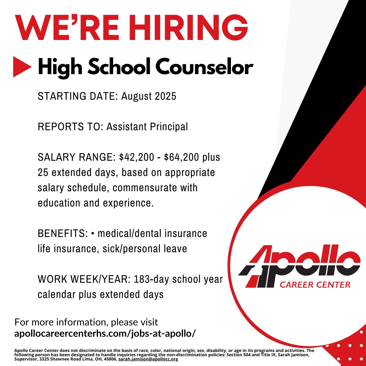 Join a dedicated team of educators committed to supporting every student’s success. We are seeking a compassionate, skilled, and student-centered School Counselor to be part of our school community for the 2025–26 academic year. apollocareercenterhs.com/jobs-at-apollo/