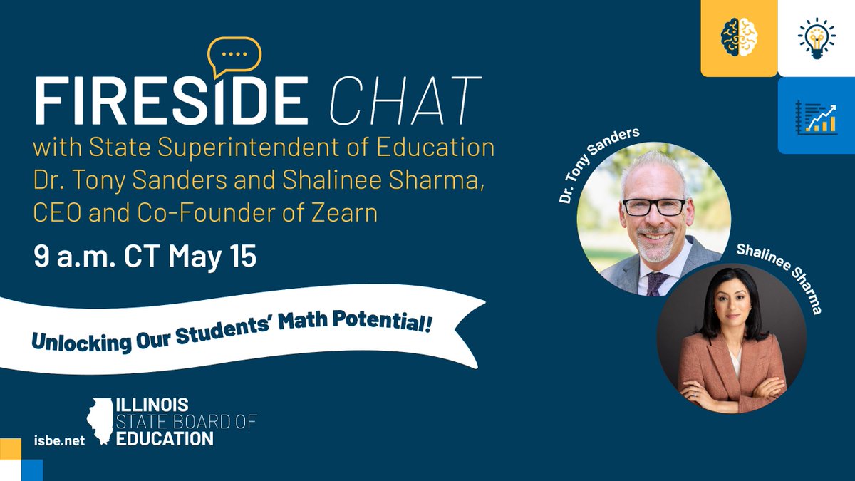 Illinois State Board of Education (@isbenews) on Twitter photo There's still time to register for <a href="/TonySandersSupt/">Tony Sanders</a>'s Fireside Chat with <a href="/Shalinee_Sharma/">Shalinee Sharma</a>, CEO and co-founder of <a href="/zearned/">Zearn</a>. Don't wait. It starts in 1 HOUR 🔔 🔥
okt.to/ipZBOE. There's still time to register for <a href="/TonySandersSupt/">Tony Sanders</a>'s Fireside Chat with <a href="/Shalinee_Sharma/">Shalinee Sharma</a>, CEO and co-founder of <a href="/zearned/">Zearn</a>. Don't wait. It starts in 1 HOUR 🔔 🔥
okt.to/ipZBOE.