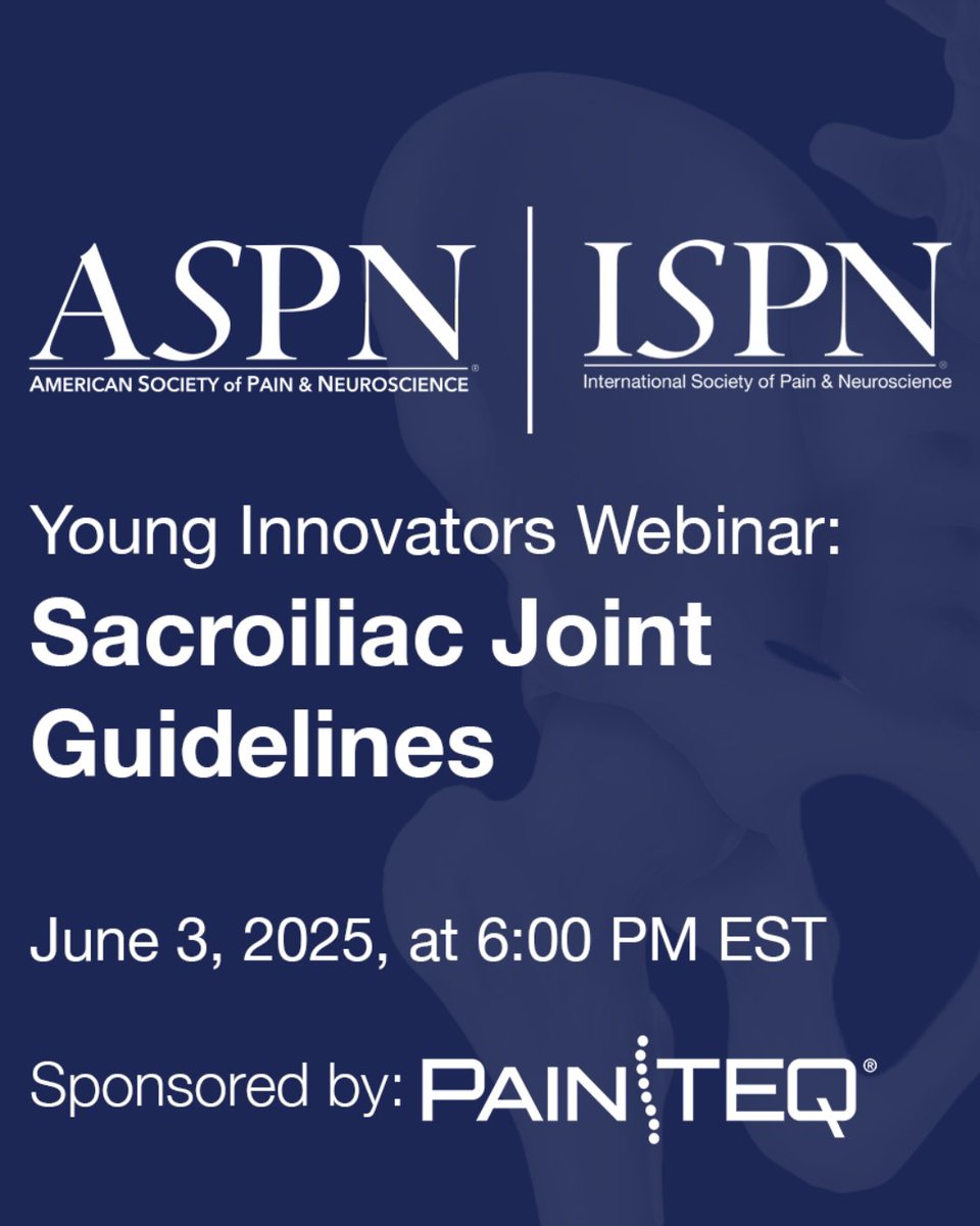 ASPN (@aspn_painneuro) on Twitter photo Join us for the Young Innovators Webinar: Sacroiliac Joint Guidelines!! Whether youāre a fellow, resident, or early-career physician, youāll walk away with valuable insights and new professional connections.
Register: aspnpain.com/yi-journal-cluā¦
<a href="/painteq/">Hap Peterson - PainTEQ</a> Join us for the Young Innovators Webinar: Sacroiliac Joint Guidelines!! Whether youāre a fellow, resident, or early-career physician, youāll walk away with valuable insights and new professional connections.
Register: aspnpain.com/yi-journal-cluā¦
<a href="/painteq/">Hap Peterson - PainTEQ</a>